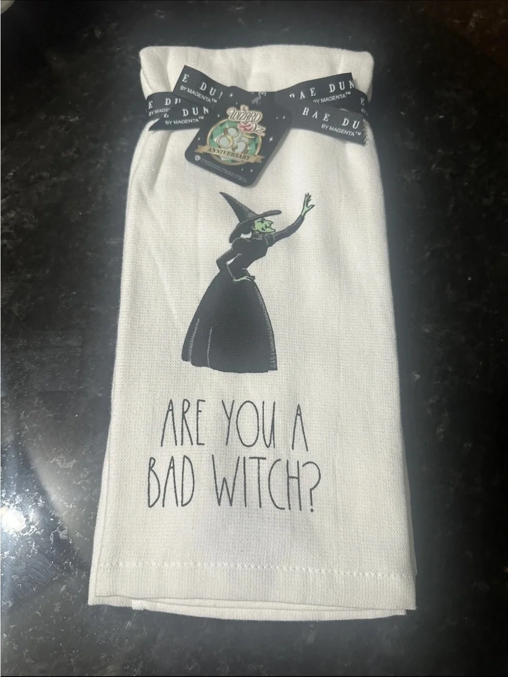 Rae Dunn White Cotton Tea Towel with Black Witch Graphic and Green Accent 2 pk